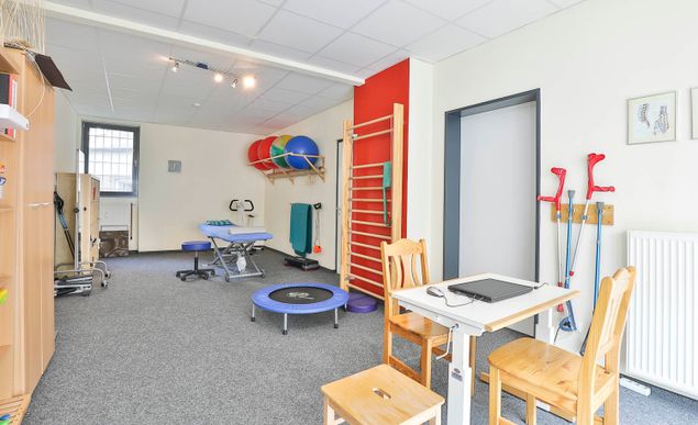 Behandlungsraum mit Trampolin und Klettergerüst bei Ergomed, Praxis für Ergotherapie und Logopädie in Hamburg Heimfeld